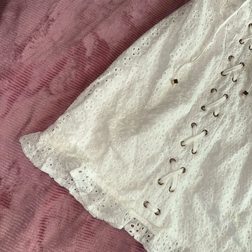 cottagecore white lace up puff sleeve dress - Picture 3 of 5